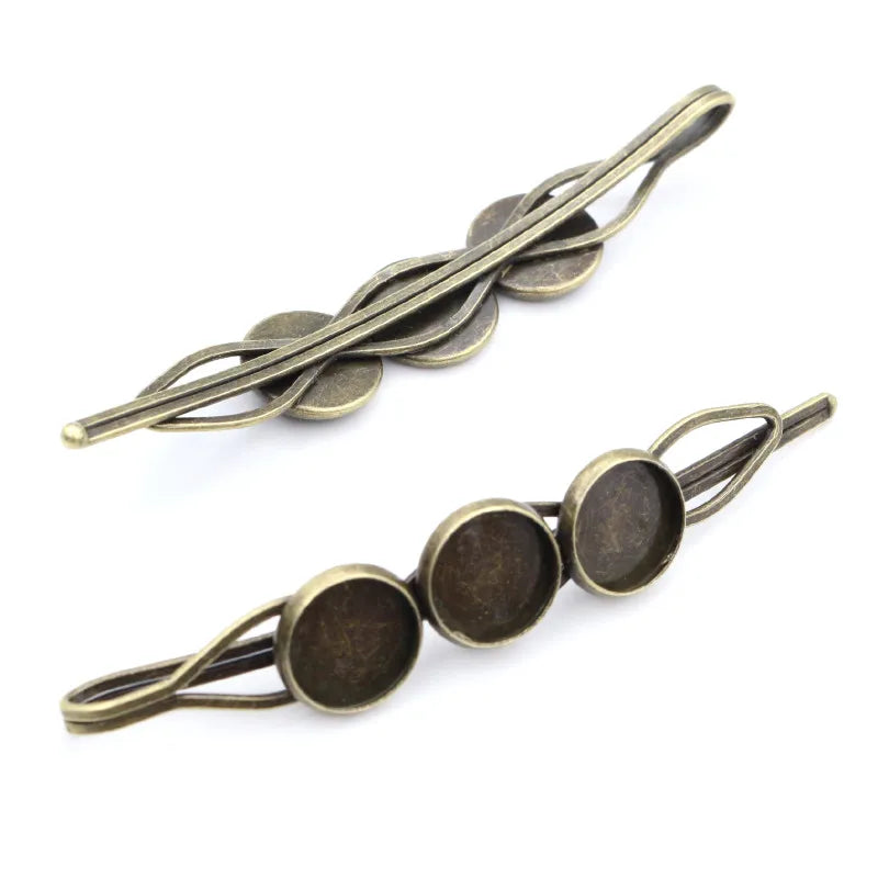 10pcs/lot 10mm High Quality Three  Cameo Bronze Plated Copper Material Hairpin Hair Clips Blank Base Setting Cabochon Cameo