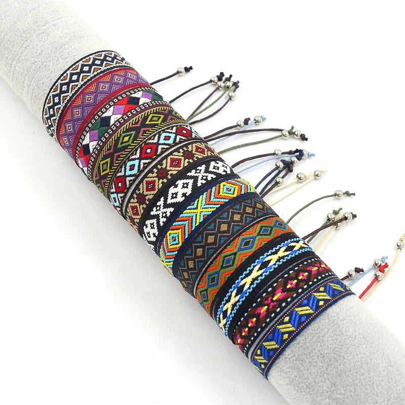 Ethnic Style Fabric Wrist Band Hand-woven Wrap Bracelets Adjustable Colorful Geometric Pattern Web Bracelet