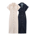 KP&ZA 2025 Women's Short Sleeve Midi Dress European American Style Button Decoration Denim Fabric New Spring Summer Collection