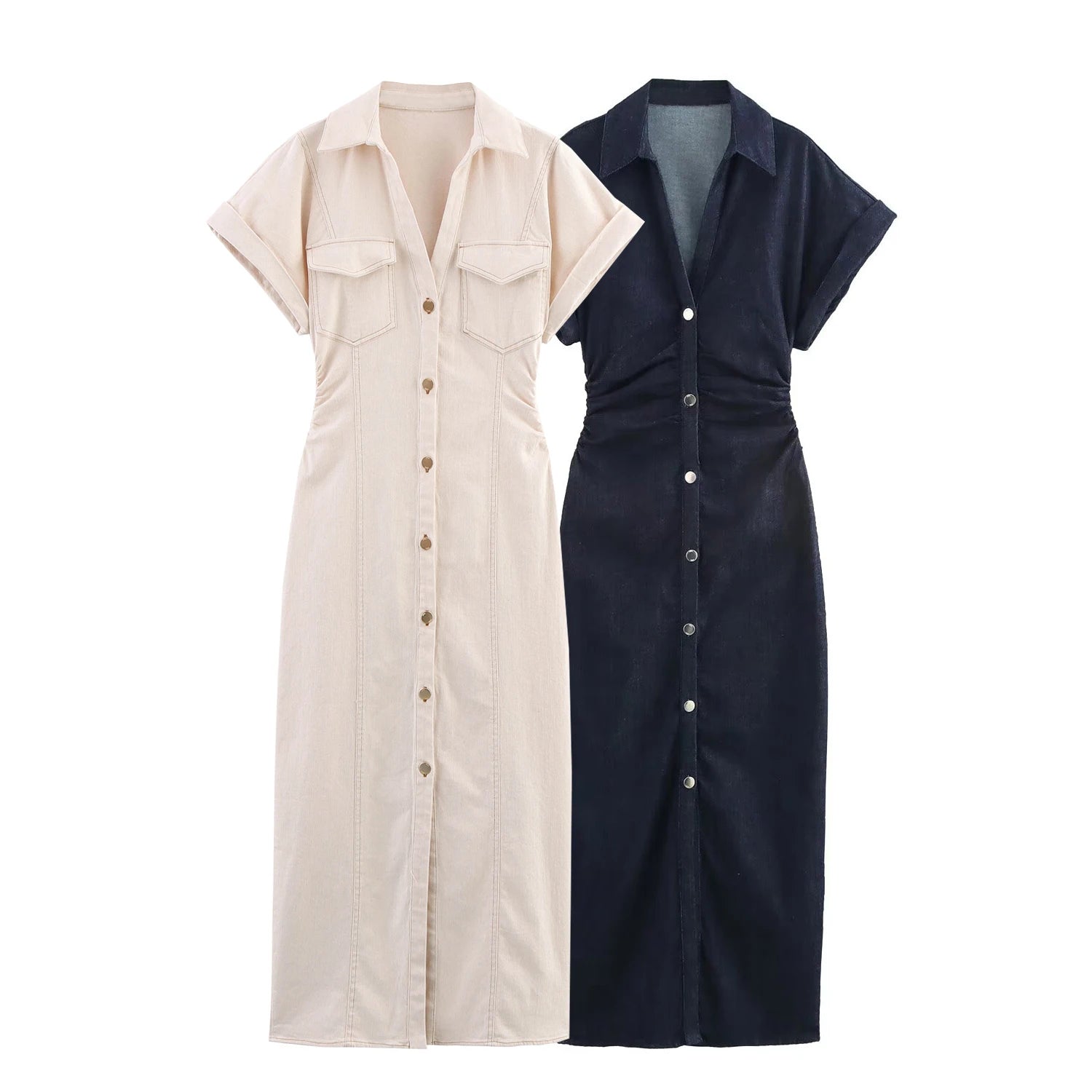 KP&ZA 2025 Women's Short Sleeve Midi Dress European American Style Button Decoration Denim Fabric New Spring Summer Collection