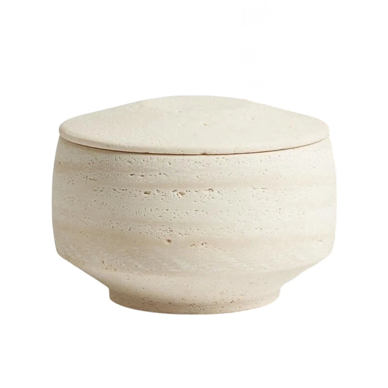 Stonekocc Natural Travertine Marble Candle Cup with Lid Stone Jar and Transparent Glass Cup Home Living Room Decoration