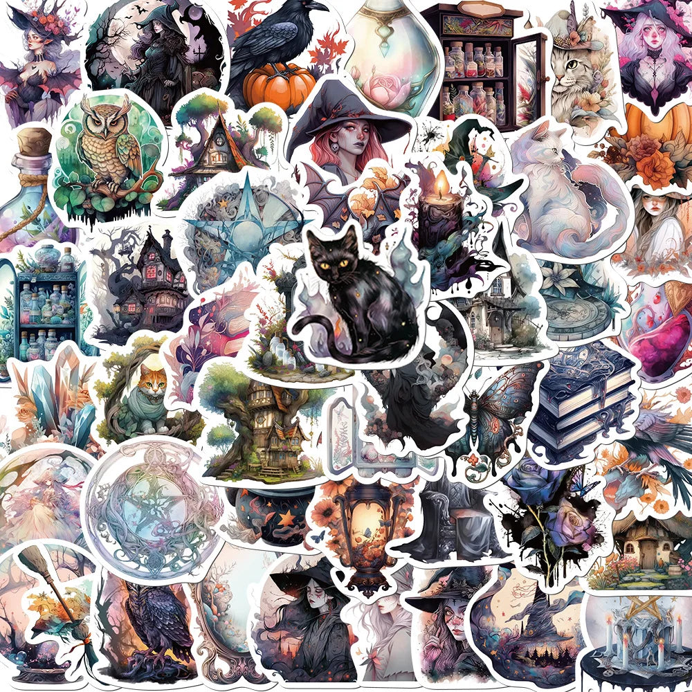 50 Pcs Realistic Dark Wind Witch PVC Waterproof Stickers for Helmet Laptop Skateboard Suitcase Refrigerator and Books