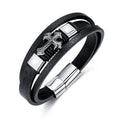 Christian Leather Bracelet Metal Cross Charm Braided Genuine Leather Stainless Steel Magnetic Clasp Mens Black Bracelet