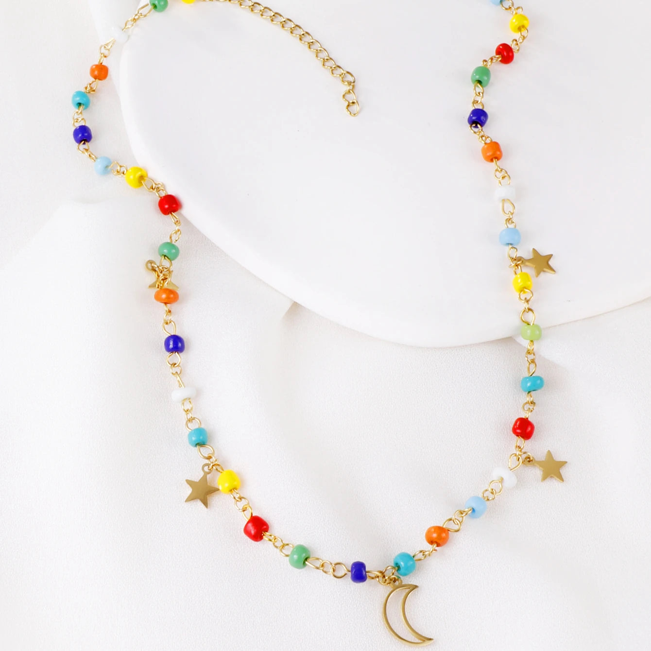 Color Beads Summer Chain Moon Star Shape Pendant Necklace Stainless Steel Choker for Party Pendant Necklace
