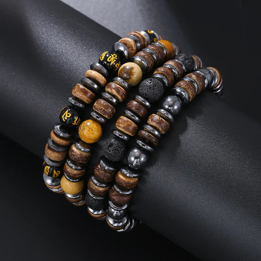 Bohemian Handmade Yoga Spiritual Beads Jewelry Wood Chip Black Hematite Frosted Bead Bracelet for Men