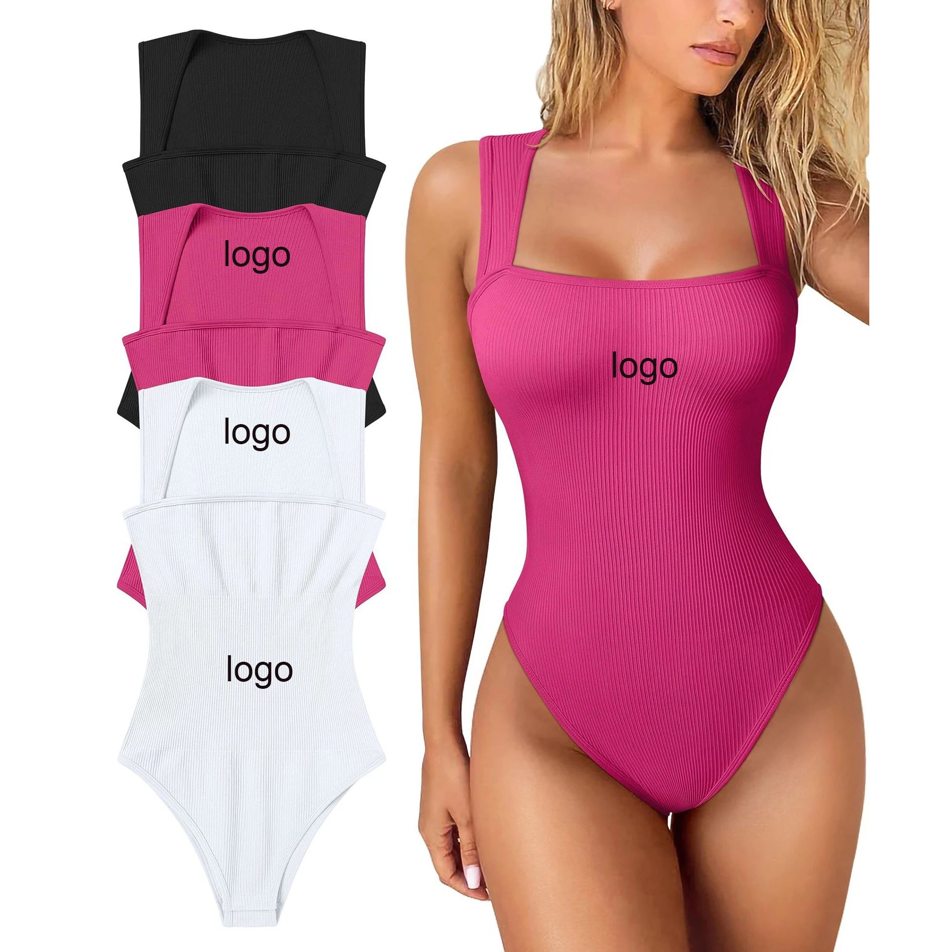Wholesale Rib Knit One Piece Jumpsuit Stretchy Fitness Threaded Seamless Square Neck Sleeveless Bodysuit for Women