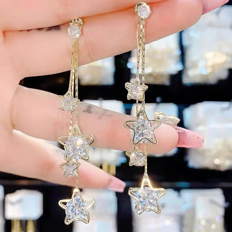 2025 Korean New Long Star Tassel Earrings Trendy Personality High-end Rhinestone Earrings for Women