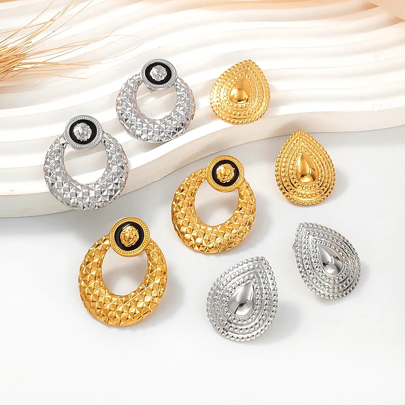 Luxury Stainless Steel Wholesale Jewelry 18K Gold Plated Lion Waterdrop Textured Stud Ladies Earrings Bijoux En Acier Inoxydable