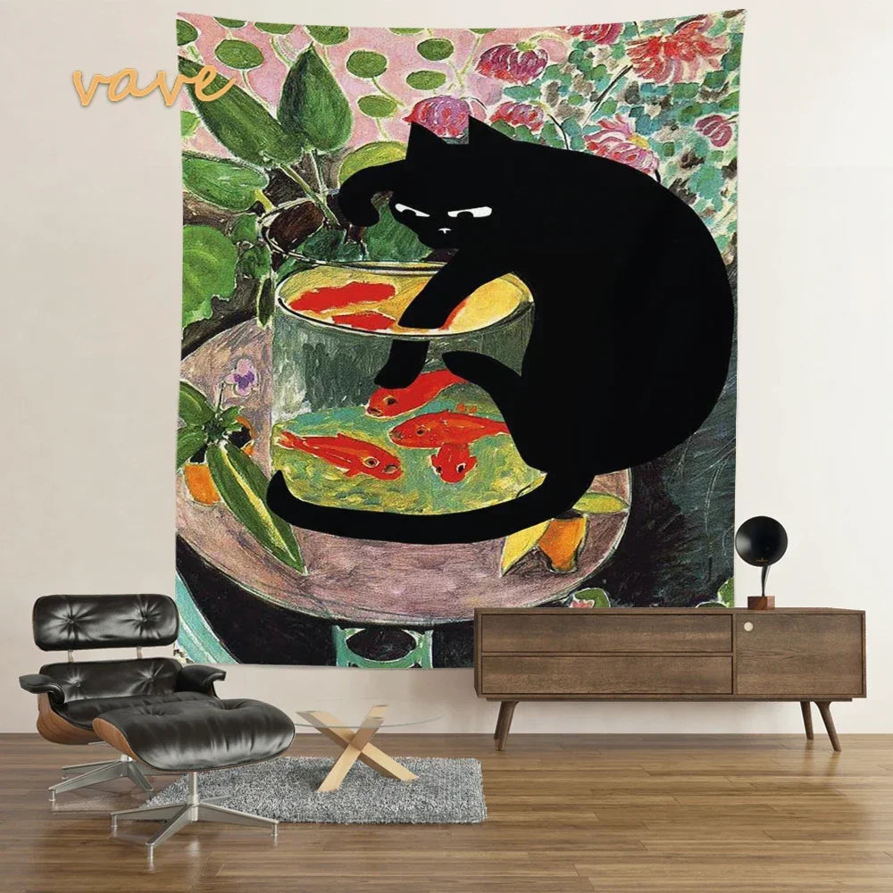 Cat and Goldfish Tapestry Wall Hanging Plant Flower Retro OilPicture Wall Cloth Kawaii Room Decoration Aesthetic Boho Wall Decor