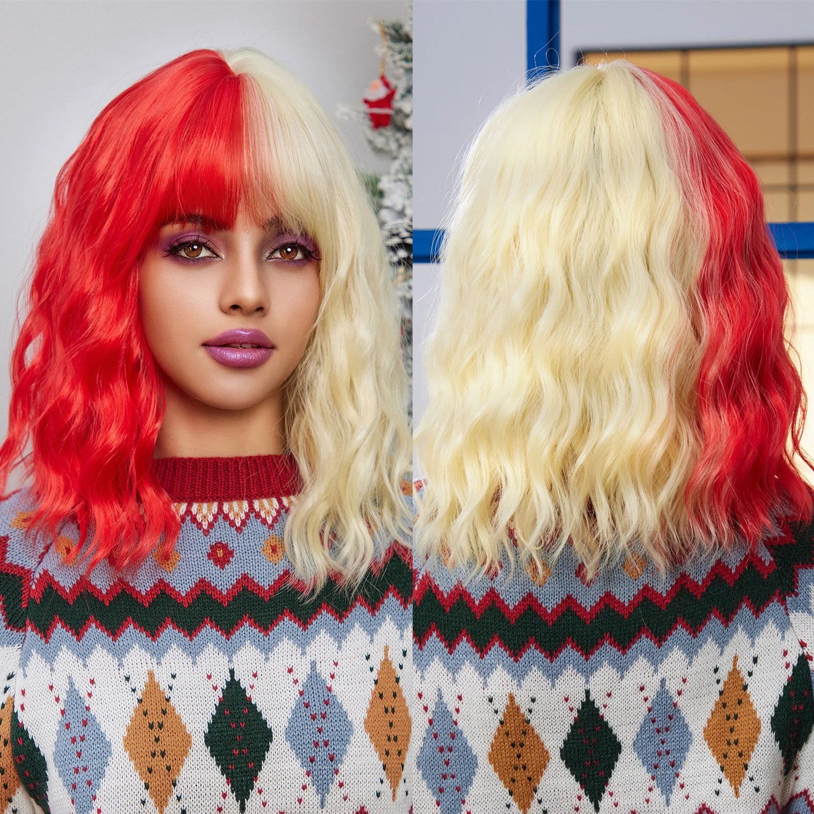 Factory Wholesale Synthetic Chemical Fiber Wig With Bangs Natural Curly Red Yellow Synthetic Wig Soft Hair Strands