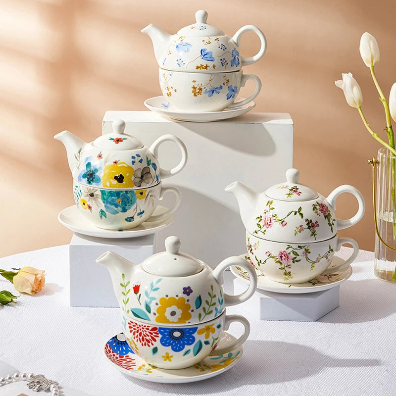 Ceramic Stackable Teacup and Teapot Set for One Person Large Capacity Flower Porcelain Tea Cup With Saucer