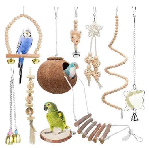 Durable 9-Piece Wood Bird Toy Set Coir Bird Nest Log Platform Swing Climbing Ladder Small Animals Parrot Combination Toy Bag