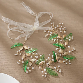 Green Leaf Crystal Pearls Rhinestone Bridal Headband for Bride Bridesmaid Pearl Rhinestone Hair Vine for Wedding Women and Girls