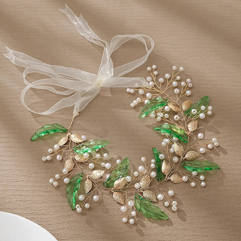 Green Leaf Crystal Pearls Rhinestone Bridal Headband for Bride Bridesmaid Pearl Rhinestone Hair Vine for Wedding Women and Girls
