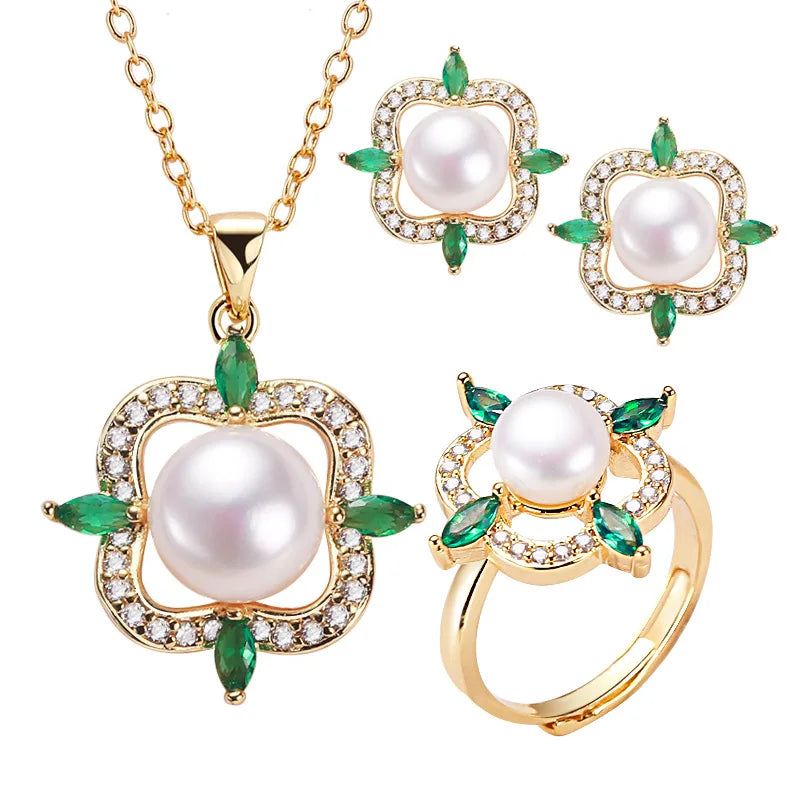 Flower Design 18K Gold Plated Romantic Wedding & Party Freshwater Pearl Jewelry Set