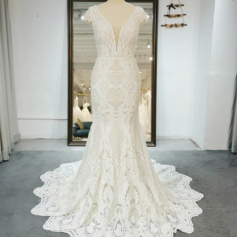 V-Neck Cap Sleeve Wedding Dress Lace Mermaid Appliqued Backless Bride Gowns Rl054