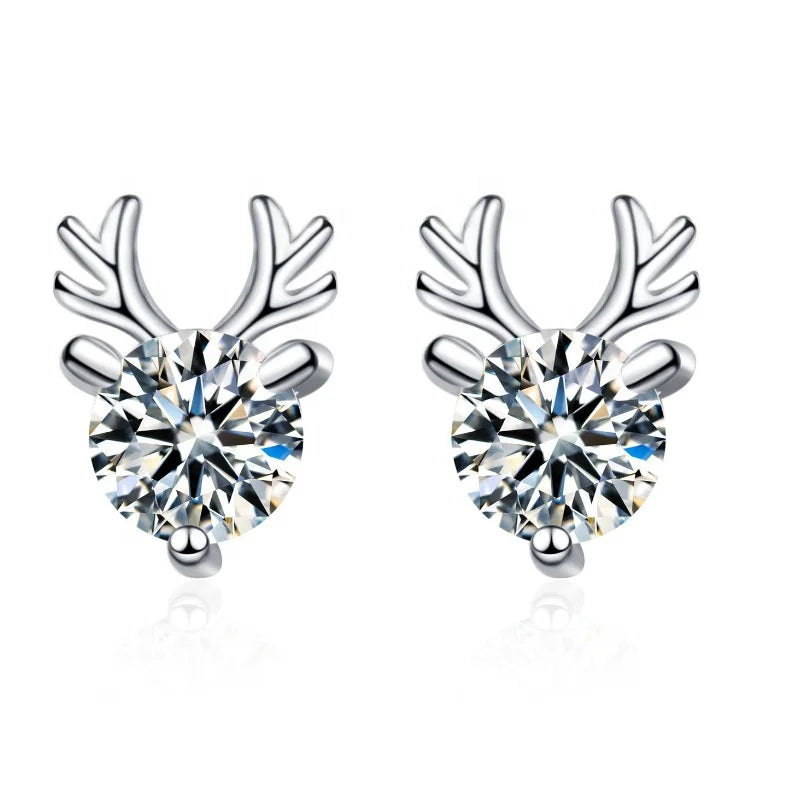 Christmas Reindeer Earrings Gifts for Ladies Girls 925 Silver Piercing Cartilage Jewelry Moissanite Deer Antler Stud Earring