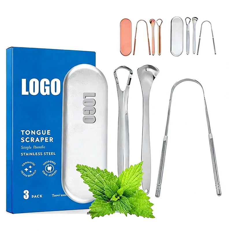 Custom Logo Stainless Steel Metal Tongue Cleaner With Case Tongue Scraper Cleaner Copper Dental Oral Set Tongue Cleaner Scraper