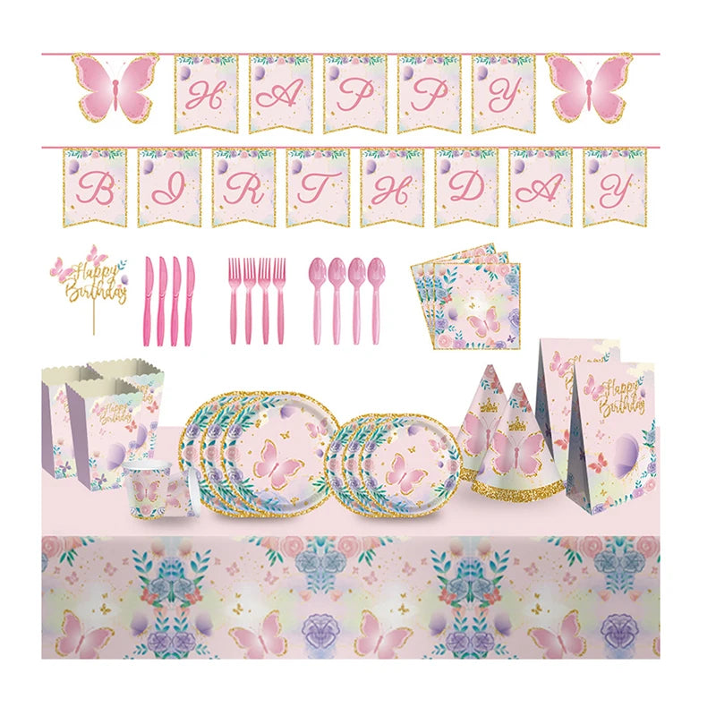 Butterfly Birthday Party Supplies Paper Plates Cups Napkins Disposable Tableware Set for Birthday  Party Decorations Sets