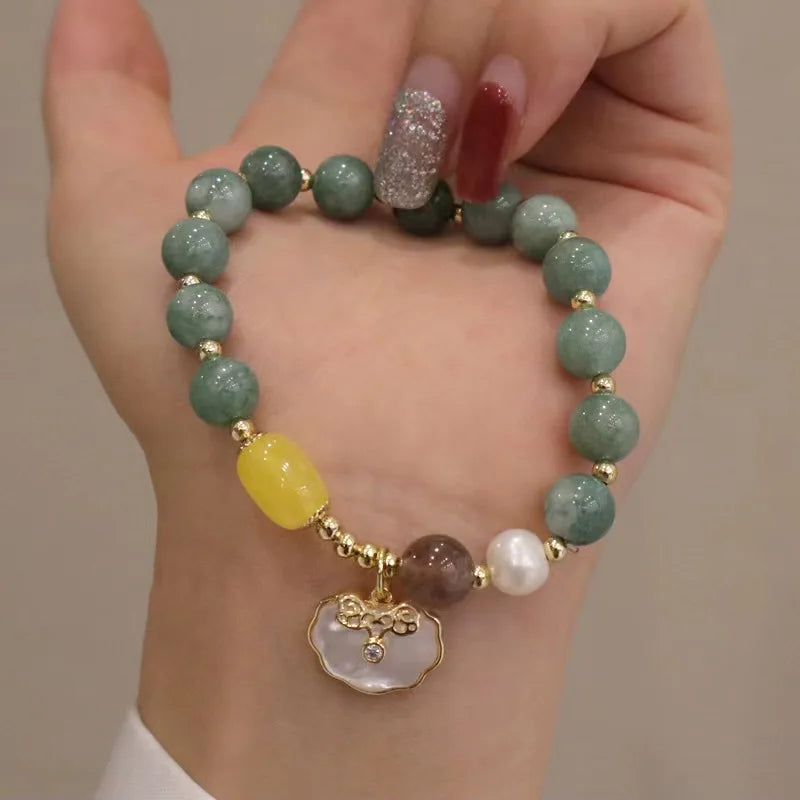 Fashion Exquisite Feng Shui Gemstone Jade Bracelet Lucky Lock Clover Gourd Lotus Buddha Jade Donut Bracelet for Women Girls