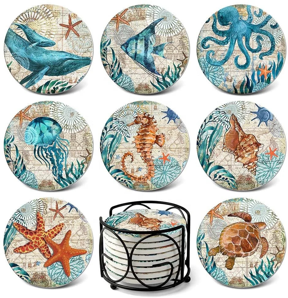 Hot Selling Absorbent Ceramic Coasters 4" Diameter Drink Round Water-absorbent Quick-drying Coaster Sea Turtle Ocean