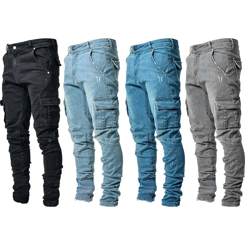 Denim Cargo Jeans Men Cargo Ripped Denim Trousers Cargo Pants Hip-hop Popular Black Denim Jeans With Pockets