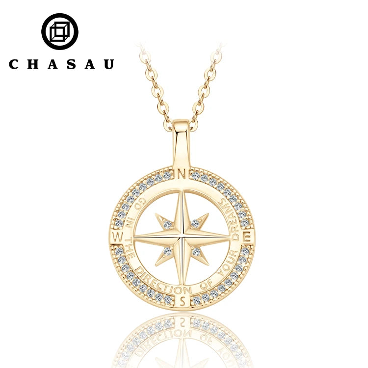 Unique Designed 925 Sterling Silver Pave Round 1.0mm Cubic Zirconia CZ Ladies Compass Pendant Necklace