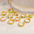 SUMMLY Stainless Steel Enamel Flower Leaf Open Rings Waterproof Hypoallergenic Adjustable Bohemian Women Finger Jewelry