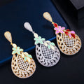 Unique Red Enamel Flower Leaf Shape Dangling Drop Long CZ Earrings Indian Gold Plated Wedding Bridal Party Jewelry