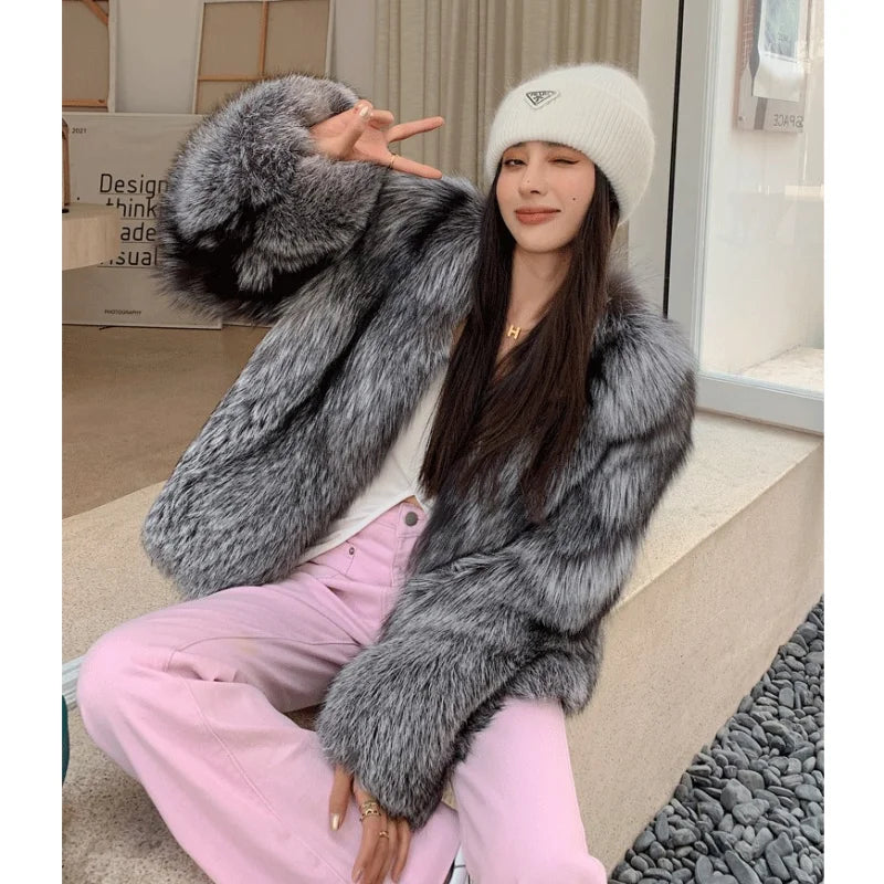 Wholesale Price Custom Real Silver Fox Fur Bomber Jacket High Quality Authentic Huge Fur Coat Women Winter