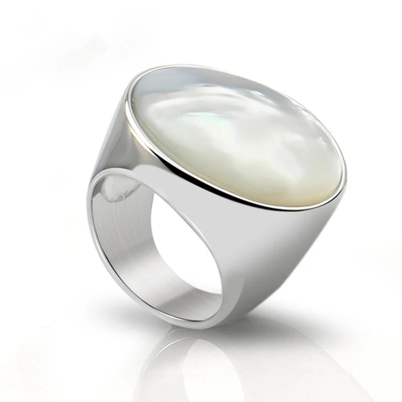Unique Simple Big Round Ring Stainless Steel Silver Jewelry Delicate White Pearl Opal Stone Wedding Engagement Rings for Women