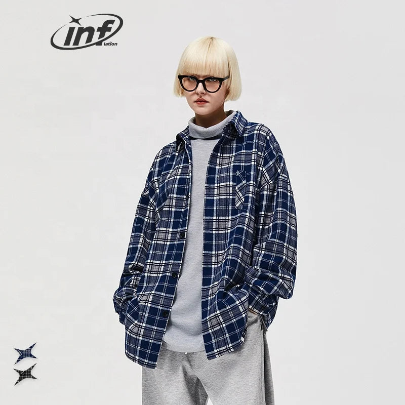 QUICKSHOW  Logo Reflective Print Plaid Shirt Jacket Autumn Fashion Heavy Weight Mens Brushed Shirt