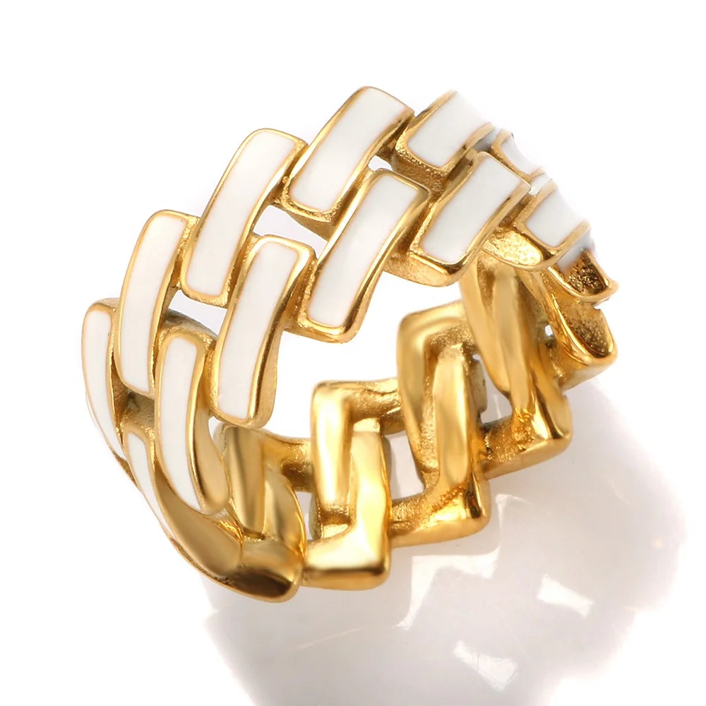 Ins Style Chunky Stainless Steel Enamel  Rings White Black Enamel Gold Ring Jewelry Women Fashion Stainless Steel  Lady Ring