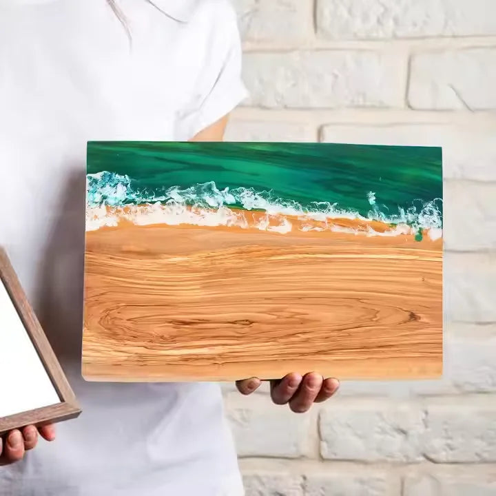 Luxury Resin Art Design Olive Wood Cheese Cutting Board Blue Ocean Wave Decor Epoxy River Chopping Block for Kitchen Home