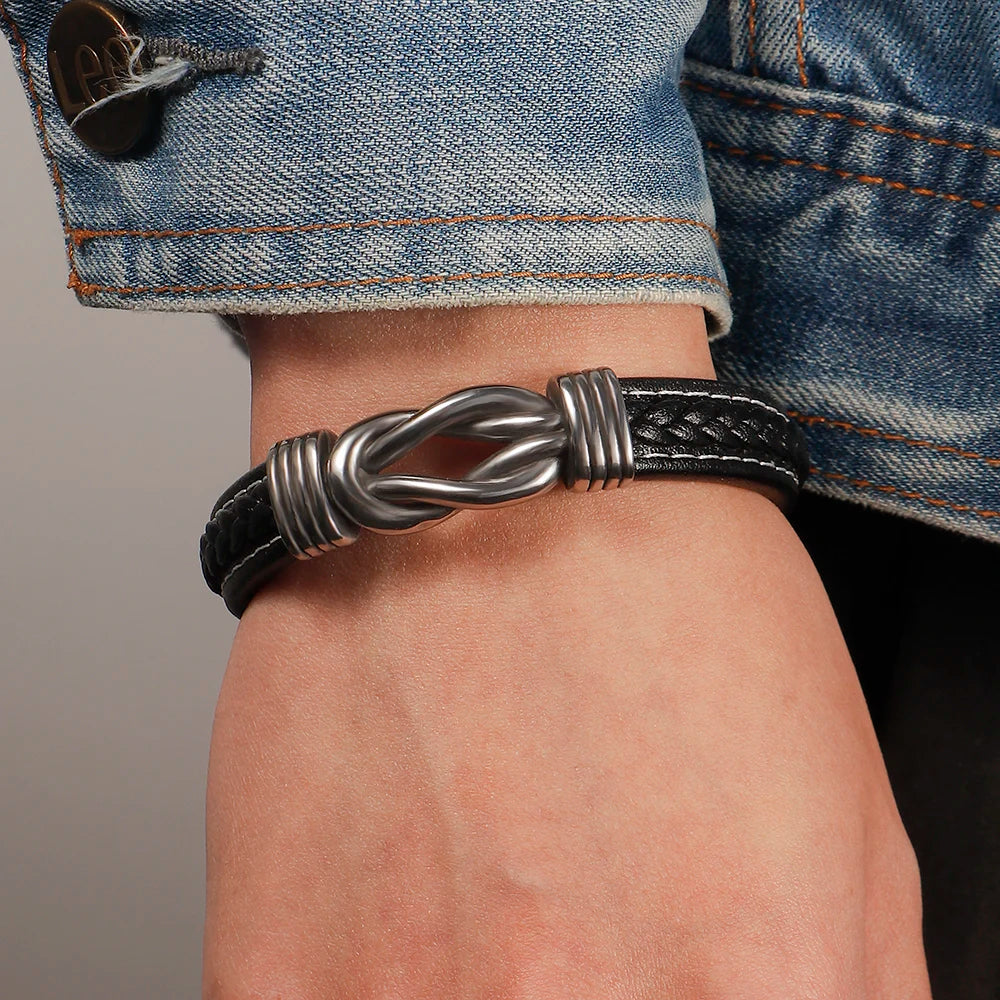 Minimalist Bracelet For Men Stainless Steel Cuff Single Leather Custom Simple Vintage Braided Leather Bracelet