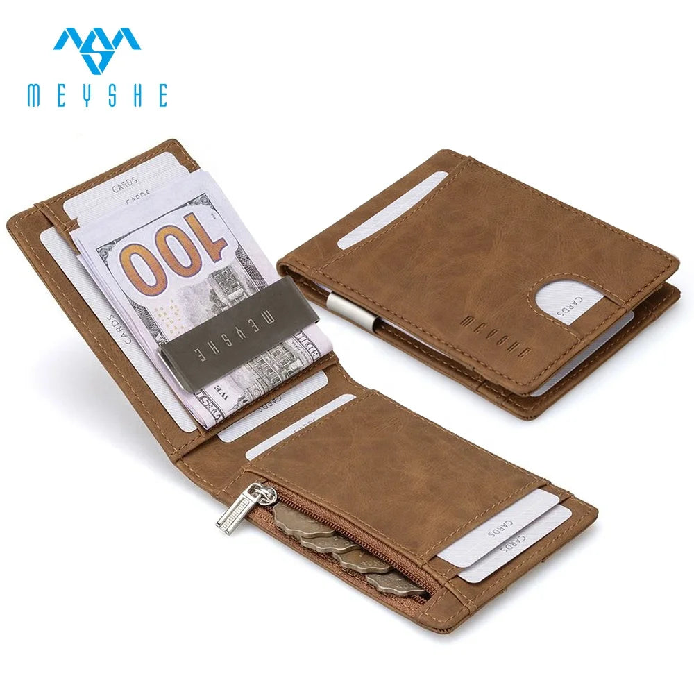 Factory Custom Brown PU Leather Metal Money Clip Slim RFID Wallet for Men