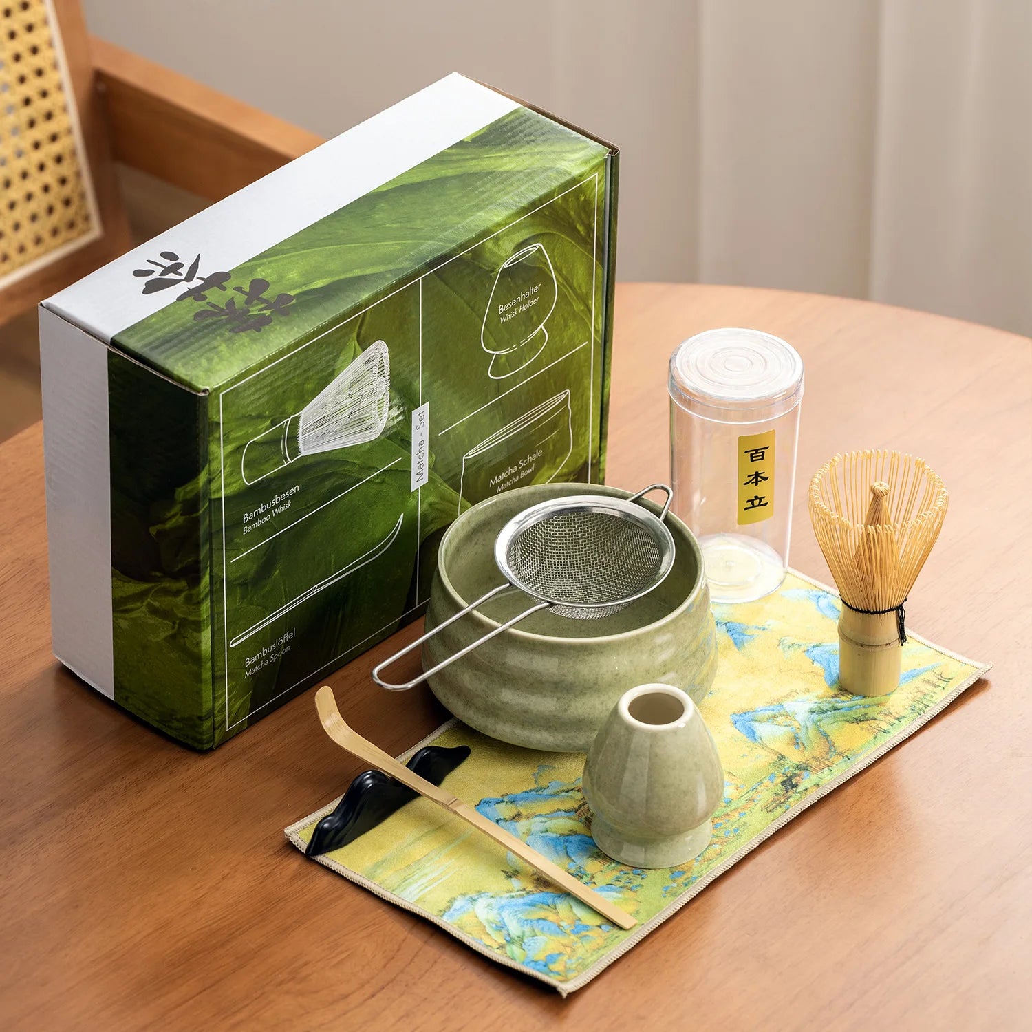 7Pcs Set Tea Whisk Brush Set Bamboo Matcha Whisk Scoop and Holder Matcha Bowl with Strainer Japanese Matcha Ceremony Accessory