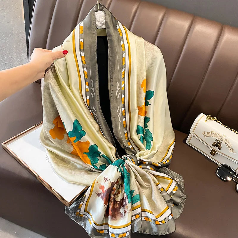 Wholesale New Designs Soft Cream Flower Pattern Hijabs Silk Printed Shawls for Muslim Women Fashion Long Dress Polyester Scarfs