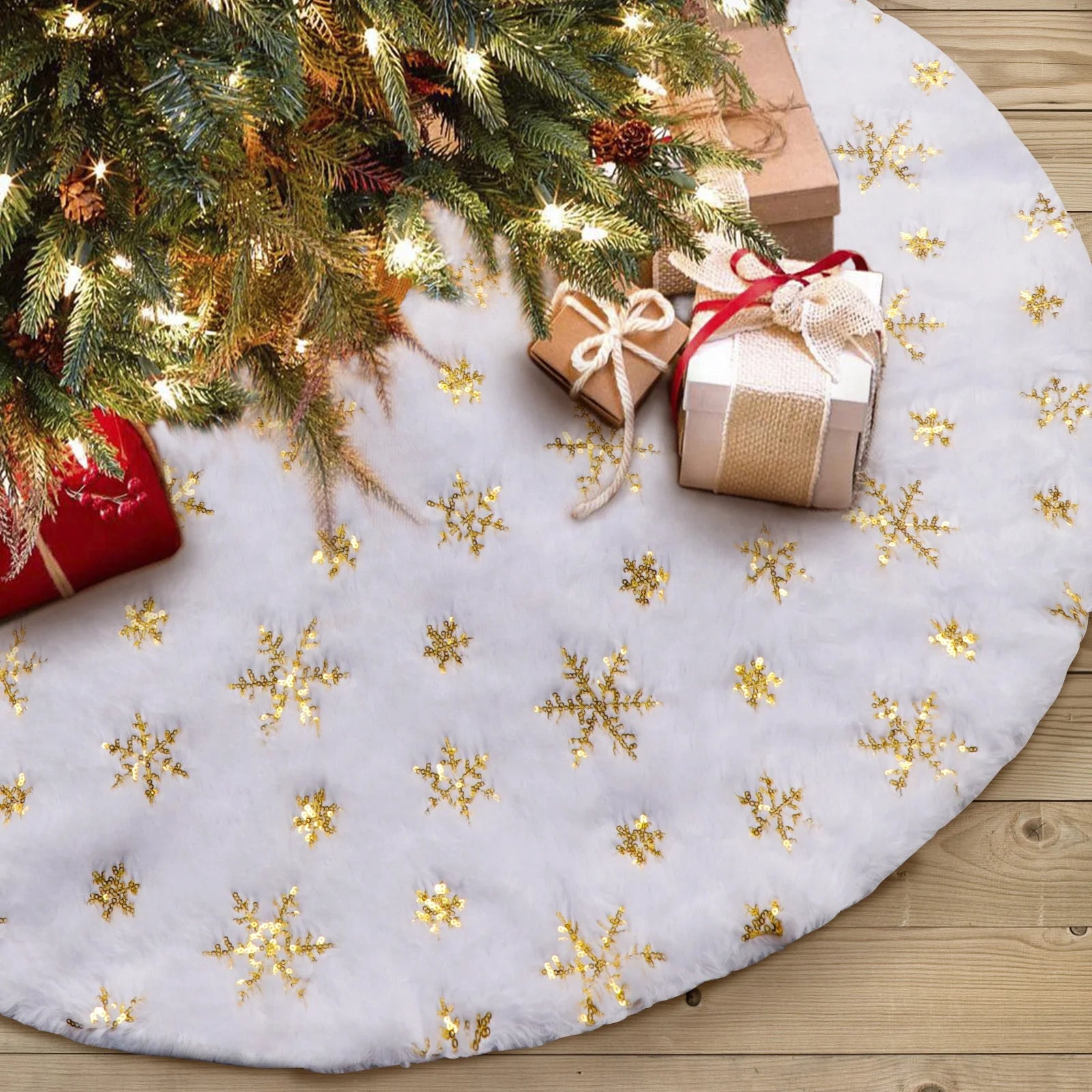 Ourwarm Christmas Home Decoration 48 Inch Gold White Faux Fur Felt Sequins Quilted Sublimation Christmas Tree Skirt