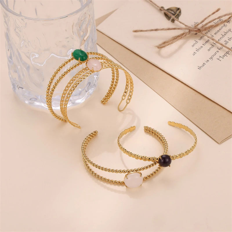 Colorful Natural Stone Twine Chain Style Open Bangle Waterproof 18K Gold Vaccum Plating Stainless Steel Cuff Bracelet for Women