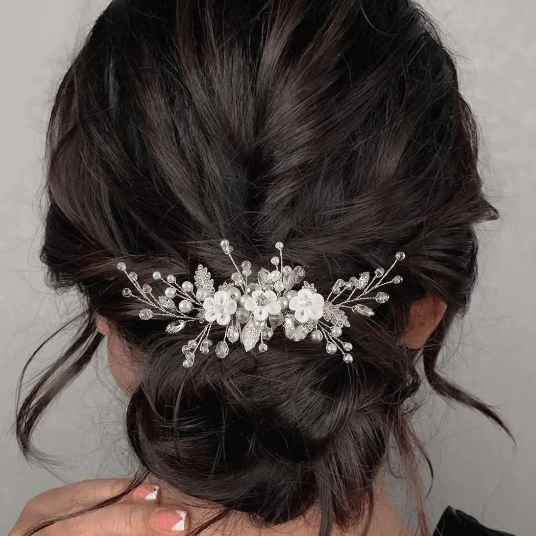 Handmade Women's Wedding Hair Combs Gold Leaf Bridal Jewelry with Pearl Clay Resin Alloy Flowers Customizable Hair Accessories