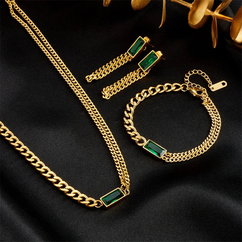 Stainless Steel Rectangle Emerald Charm Necklace Bracelet Earrings Cubic Zirconia Waterproof Gold Plated Women Jewelry Set