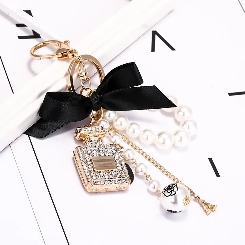 New Korean Creative Handmade Diamond Bow Knot With Pearl Perfume Bottle Key Chain Girl