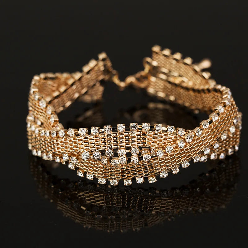 Europe Classic Rhinestone Circle Two Rows Bracelet Double Layer Rhinestone Silver and Gold Braided Adjustable Bracelets Jewelry