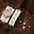 5PCS/Set Women Watch Diamond Heart Jewelry Set Fashion Rhinestone Quartz Watch Female Leather Band Watch (WT2266)