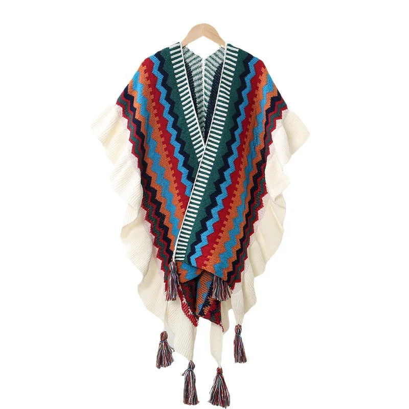 MIO New Ethnic Winter Warm Shawl With Tassel Long Knitted Jacquard Poncho Shawl Vintage Fashion Women Cardigan Loose Sweater