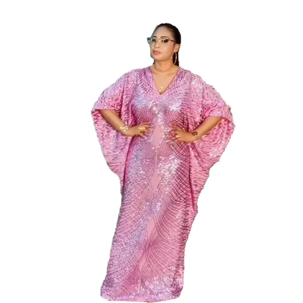 New Design Africa Traditional Plus Size Amunyelia Sequin Fabric Boubou Marocain V-neck Women's Dress Sale