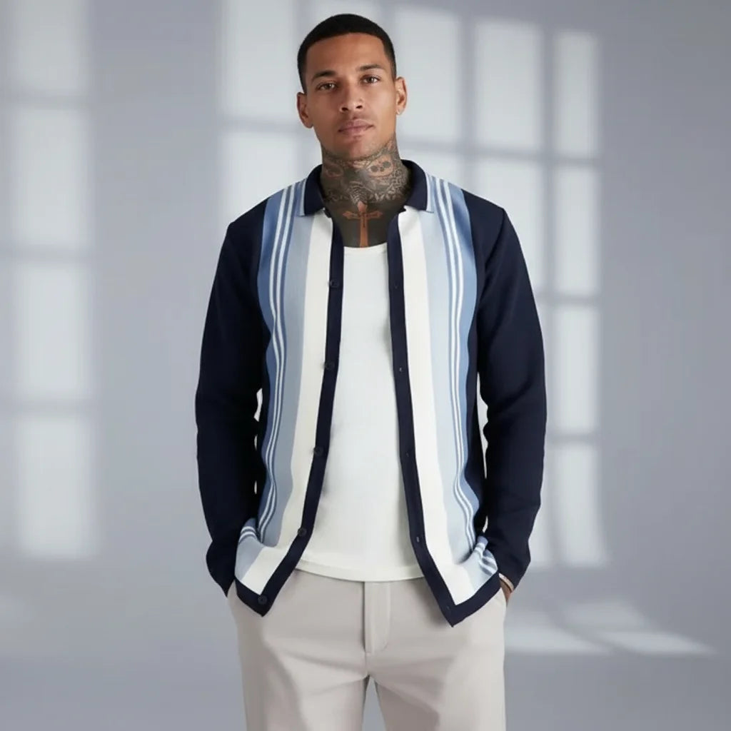 2026 Designer Men's Cotton Cardigan Long Sleeve Zip-up Cropped Boxy Shirt Autumn Colour Block Knitted 100% Cotton