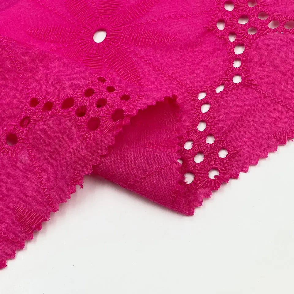 Custom Bright Colour Rose Red Laser Cut Voile Lace Hole Eyelet Cotton Embroidery Fabric Wholesale