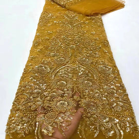 African Gold Lace Fabric with Beads Sequins Embroidered 3D Flowers Nigerian Beaded Tulle by the Yard for Bridal Use